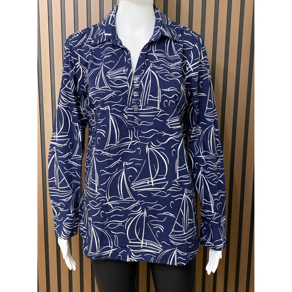 Talbots Navy Blue White Sailboat Print Cotton Tunic Shirt Medium Nautical Top